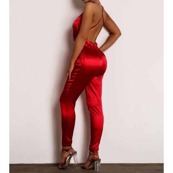 Red Satin V Neck Criss Cross Backless Jumpsuit - Picture 4 of 5
